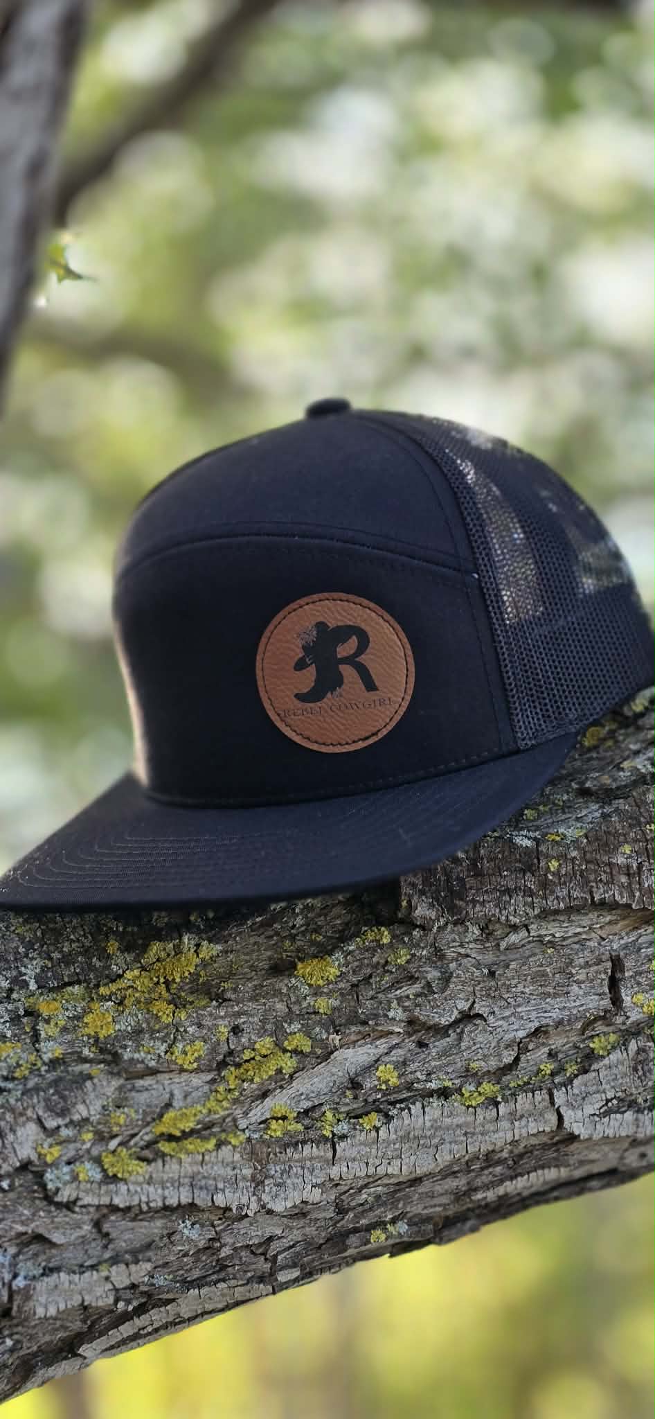 Rebel Cowgirl Black Flat Brim Leather Patch Ball Cap