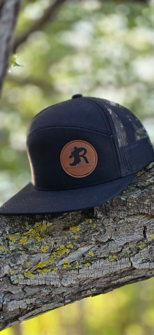 Rebel Cowgirl Black Flat Brim Leather Patch Ball Cap